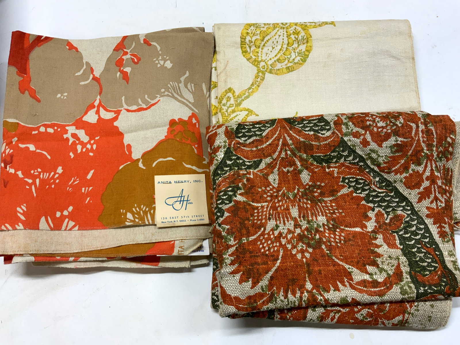 7+ Anita Henry Orange Trees Hand Print Textiles: 7+ Anita Henry Orange Trees Hand Print Textiles 7 trees & yellow floral hand print textiles. Textiles feature either orange trees or a yellow floral print. Prints vary in size. Signed & marked. Surfac
