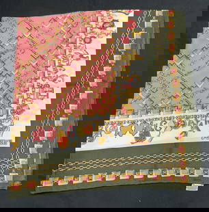 Carlisle Pink & Green Equestrian Silk Scarf: Carlisle pink and green equestrian charm bracelet pattern silk scarf. Measures approx 33 x 33 inches. Some blemishes. Carlisle scarf, vintage scarf, designer scarf, silk scarf, equestrian scarf, pink