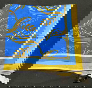 Anne Taylor Botanical Print Blue Yellow Silk Scarf: Anne Taylor blue and yellow botanical print silk scarf. Measures approx 26 x 26 inches. Some blemishes observed. Anne Taylor scarf, designer scarf, yellow scarf, blue scarf, silk scarf, botanical scar