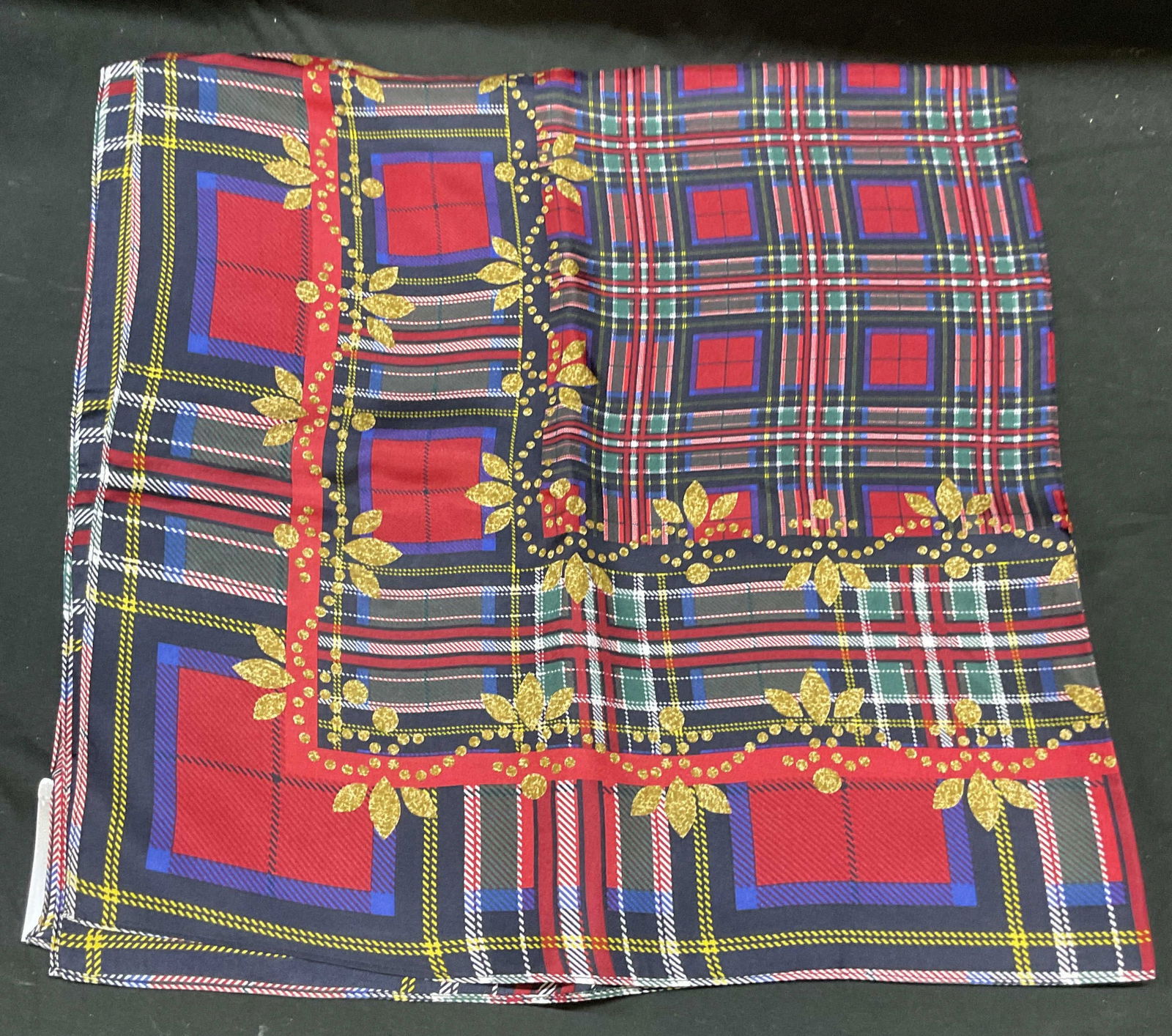 Talbots Red Multicolor Plaid Print Silk Scarf: Talbots red multicolor plaid print silk scarf. Measures approx 34 x 34 inches. Some blemishes observed. Talbots scarf, designer scarf, plaid scarf, red scarf, silk scarf, accessories, wearables, 10 sb