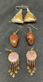 Lot 3 Pairs of Beaded Dangle Silver Wire Earrings