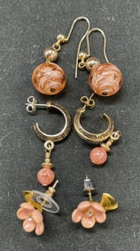 Lot 3 Pairs Vtg Gold Tn Glass Pink Flower Earrings