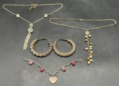 4 Vintage Silver Tn Necklaces, Earrings & Bracelet