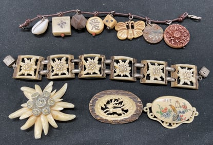 Lot 5 Carved Antler Bracelets Charms Pins Brooch