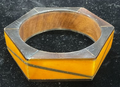 Vtg Orange Brass Wood Geometric Bangle Bracelet