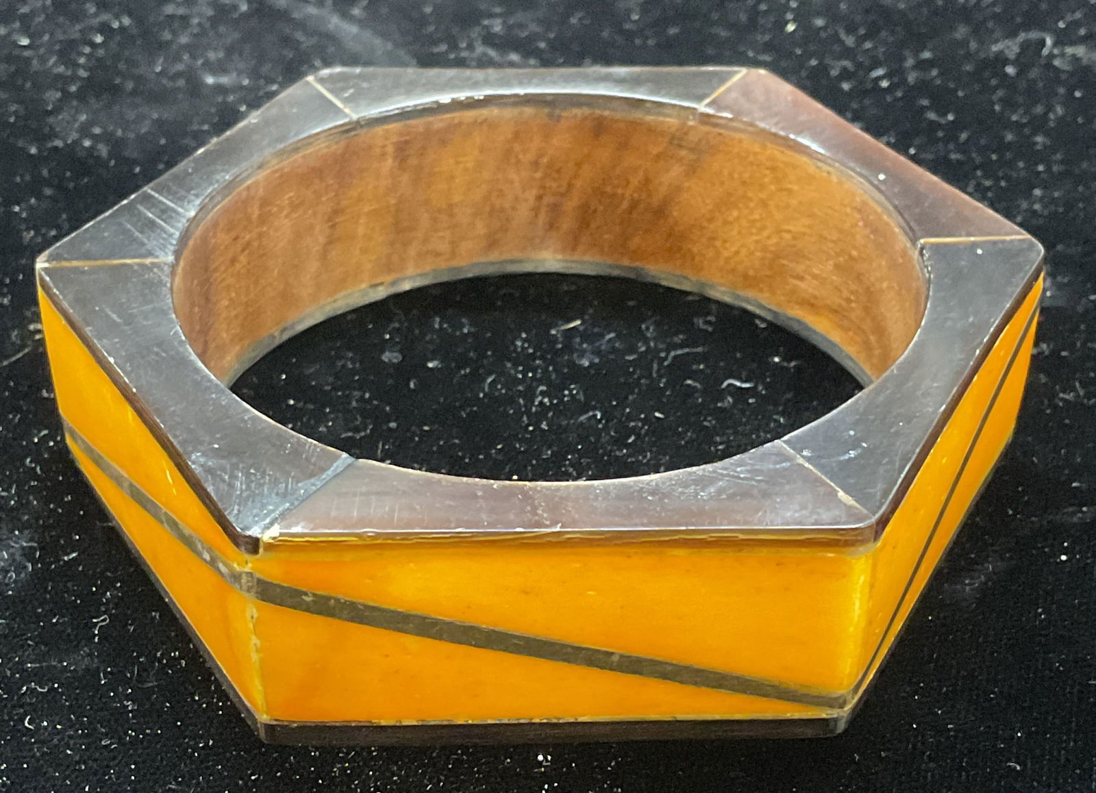 Vtg Orange Brass Wood Geometric Bangle Bracelet (1 of 6)