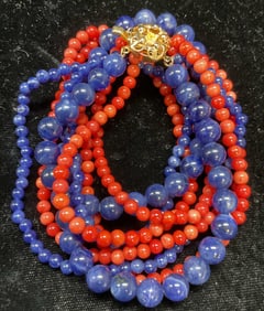 Vtg Coral, Blue Semiprecious Beaded Necklace