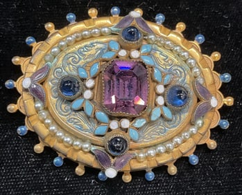 Vtg Hobe Gold Tone Crystal Enamel Brooch