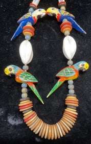 Vtg Tropical Bird Wood Beaded Necklace