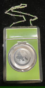 1930s Terri Art Deco Bakelite Makeup Compact: Vintage circa 1930s Art Deco Terri makeup compact. Contains cosmetic products. Silver tone metal and green Bakelite. Multiple interior compartments and mirrored metal interior. Measures approx 3.5 x 2