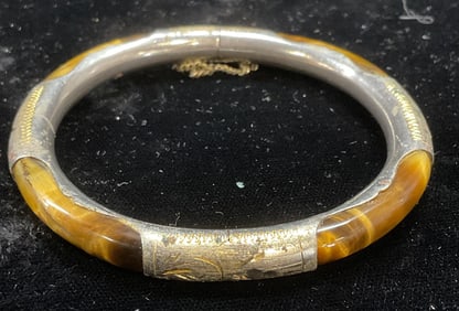 Vintage Silver Tone Tigers Eye Bangle Bracelet