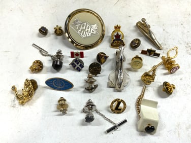 Lot 25+ Assorted Pins Tie Clips & More