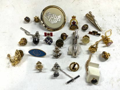 Lot 25+ Assorted Pins Tie Clips & More: Lot includes tie clips, pins, buttons, Cufflinks. One clip reads TPAO CLUB. Lot also includes G Free mason pin, Star of David pin, Canadian flag pin & more. Largest piece measures approximately 1.5 in