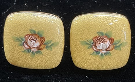 Vtg Evans Gold Tn Enamel Flower Cufflinks
