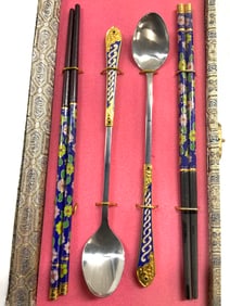 Lot 6 Asian Cloisonne Chopsticks & Spoons In Box