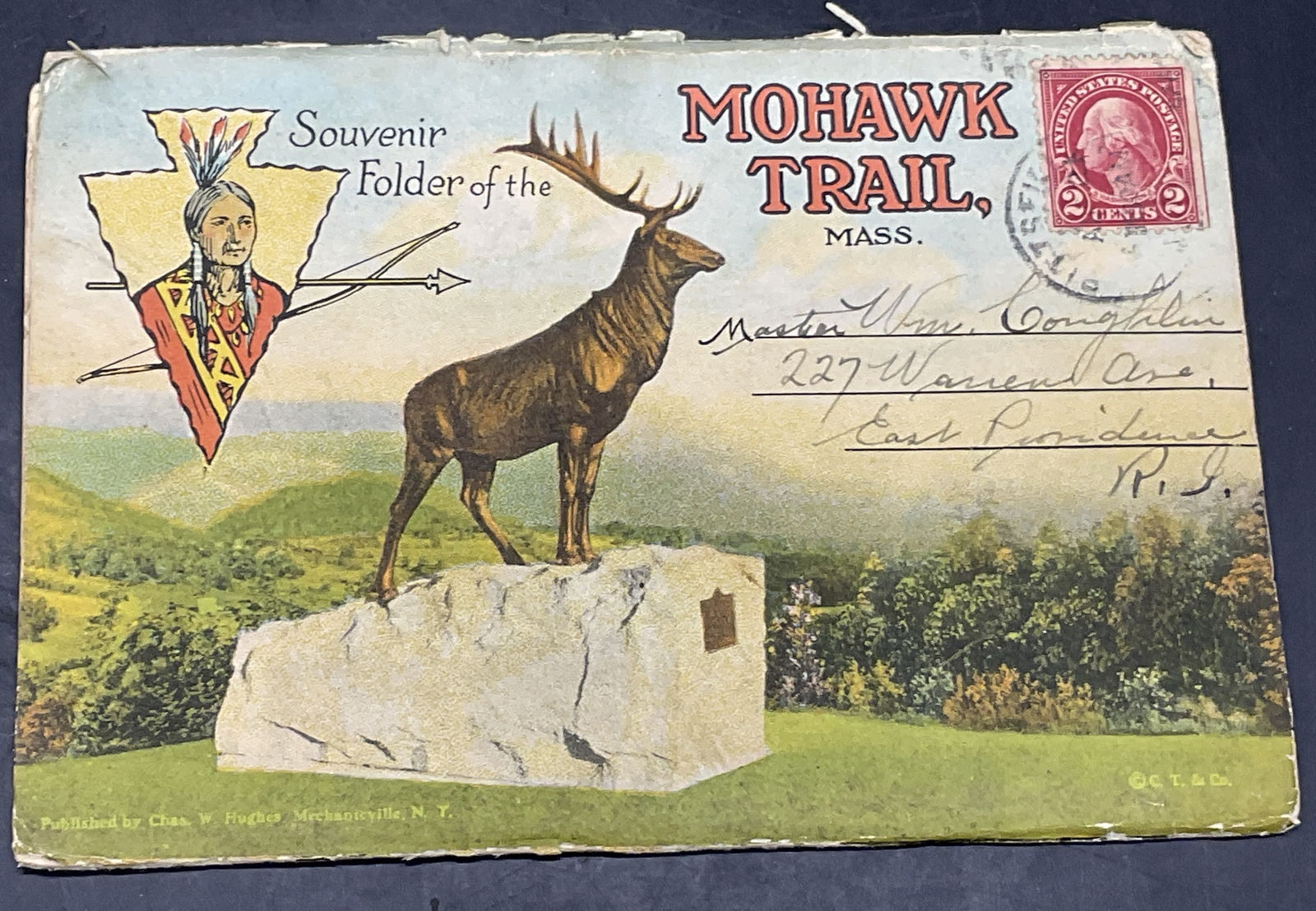 Vintage Mohawk Trail Postcard Book, Mass USA: Vintage Mohawk Trail Postcard Book. Obverse reads Souvenir Folder of the Mohawk Trail, Mass, Published by Chas W. Hughes. 2 cent stamp to the obverse alongside an ink stamp. Writing to obverse. Envelo