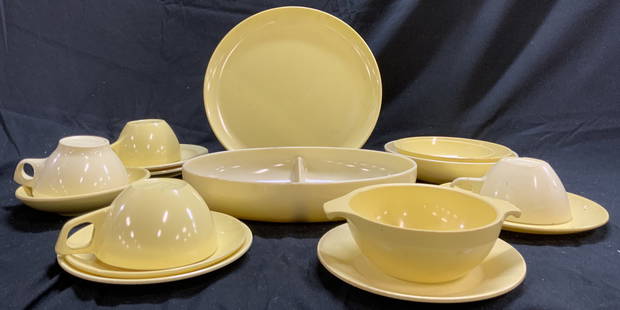 Set 17 Asst Vtg Yellow Melamine: Trademarks include Stetson, boontonware, lifetime ware, Windsor Melmac, Lot includes 1 divided serving plate, 4 tea mugs, 1 dinner plate, 2 bread plates, 2 saucers, 1 bowl with handles, 1 salad plate,