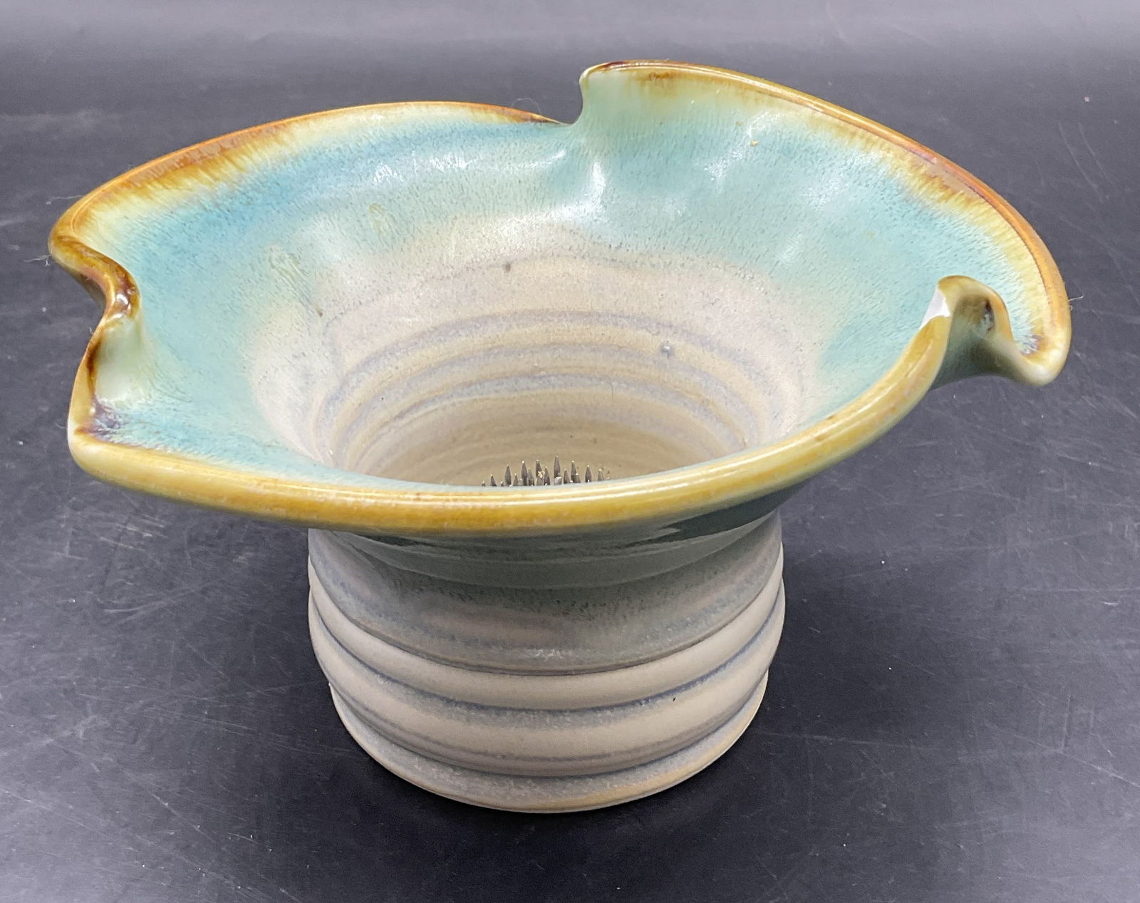 Signed Vintage Ceramic Vase W/ Metal Flower Frog (1 of 7)