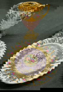Set 2 Vtg Arnart Creation Porcelain Cup Saucer: Set 2 vintage arnart creation porcelain cup and saucer. Square footed cup. Floral designs and love story landscape. Landscape scene with man figure playing and instrument to a woman figure. Square ind