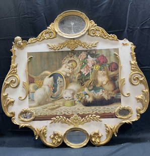 Ellie Haggerty HG Plumb Kittens Carousel Panel: Ellie Haggerty carousel panel. Ornate scroll trim with The Five Senses by H. G. Plumb cat figural lithograph. Mirror accents. Hand painted with gilt decoration. Wood and composite material. Measures a