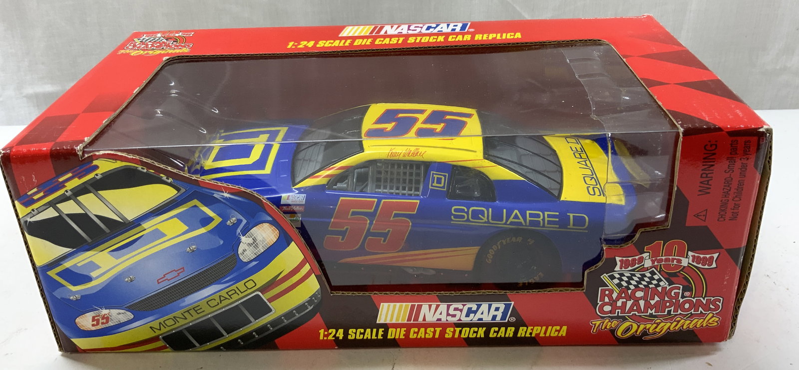 1999 RACING CHAMPIONS Kenny Wallace Die-Cast Car: 1999 Racing Champions 1:24 Kenny Wallace #55 Square D NASCAR Chevrolet diecast replica. Surface wear consistent to age, use & exposure. Measurements: length 10.1in x width 4.8in x height 3.4in. Home d