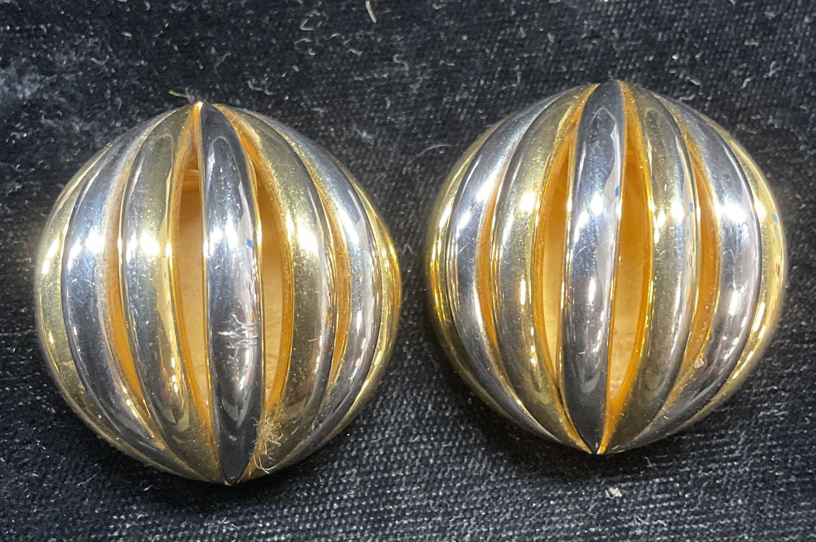 Vintage Silver & Gold Tone Statement Earrings: Vintage silver and gold tone statement stud earrings. Measure approx 1.25 inches long. Some wear including scratching observed. Jewelry, estate jewelry, costume jewelry, fashion jewelry, cocktail jewe