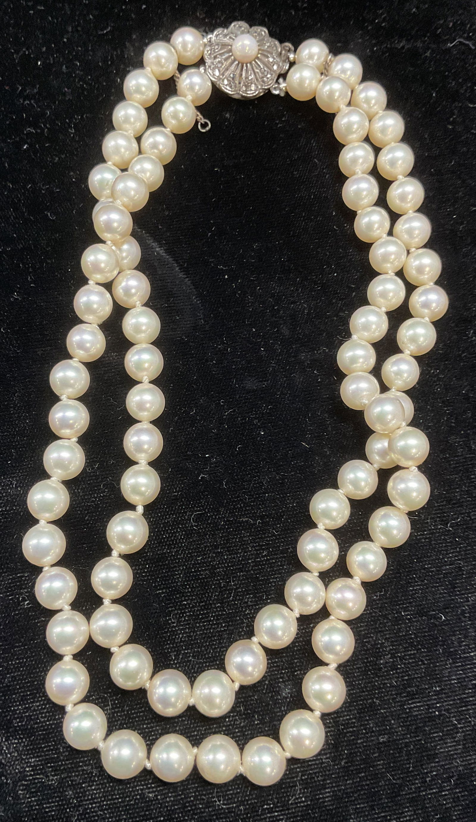 Vtg Faux Pearl Silver Clasp Choker Necklace: Vintage faux pearl double strand choker necklace with 835 silver flower clasp. Marked 835. Drop length approx 6 inches. Some wear including scratching observed. Jewelry, estate jewelry, costume jewelr