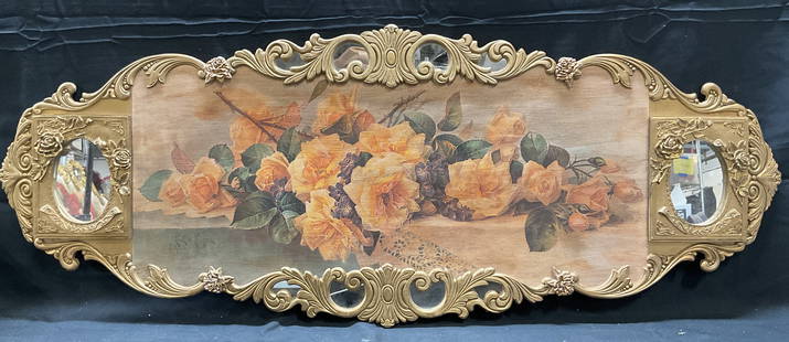 Ellie Haggerty Floral Mirror Carousel Panel: Ellie Haggerty carousel panel. Ornate scroll trim with floral motif lithograph and mirror accents. Hand painted with gilt decoration. Wood and composite material. Measures approx 16.5 x 42 inches. Uns