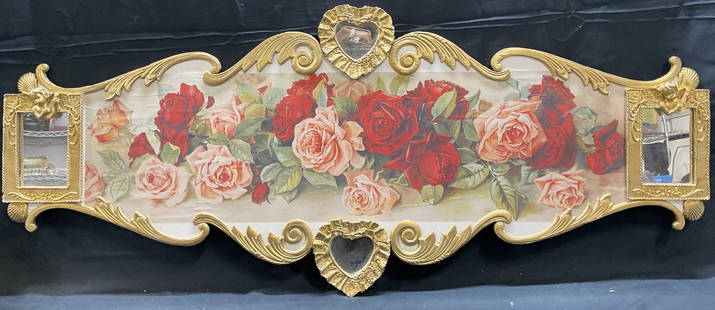Signed Ellie Haggerty Floral Carousel Panel: Signed Ellie Haggerty carousel panel. Ornate scroll trim with floral motif lithograph. Cherub and heart mirror accents. Hand painted with gilt decoration. Wood and composite material. Measures approx