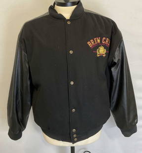 Steve & Barrys Brew Crew Wool Blend Jacket: Steve & Barrys black bomber jacket. embroidered Brew Crew Taste Tester on chest and patch on back. Black. Size Large. Faux leather and wool blend outer. Some wear including blemishes. Steve and Barrys