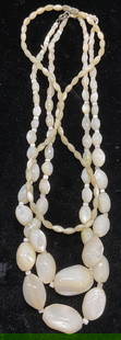 Lot 3 Vtg Mother of Pearl Beaded Necklaces: Lot of 3 vintage white mother of pearl beaded necklaces. Longest drop length approx 8 inches. Some wear including scratching observed. Jewelry, estate jewelry, costume jewelry, cocktail jewelry, fashi