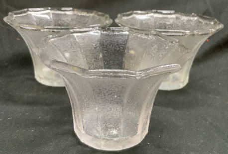 DANSK Set 3 Frosted Art Gls Candle Holders: Tags on undersides read DANSK. Lot includes 3 candle holders. Each are frosted glass with scalloped forms. Candle holders each measure approximately 2.5 inches tall 4 inches wide. Candle holders, art