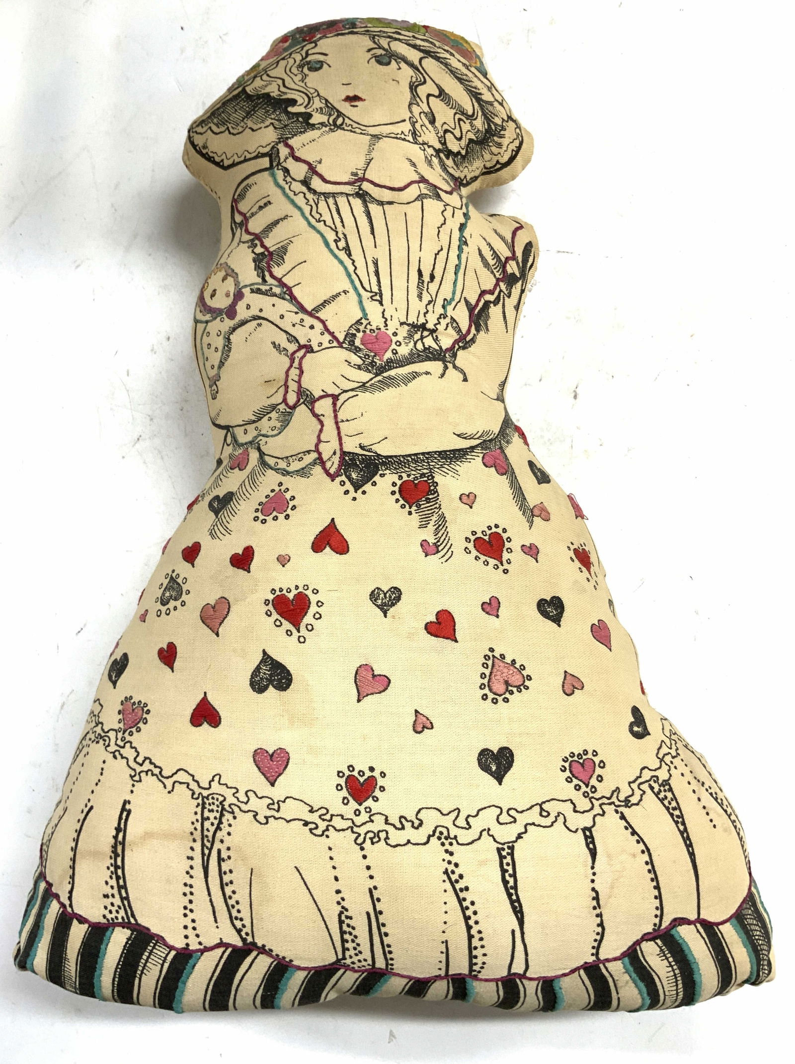 Signed Cut & Sew Vntg Fem Fig Fabric Pillow: Pillow is signed FROM MEY TO LORI. Vintage cut & sew fabric pillow with female figure form. Piece detailed with red & pink toned embroidered hearts. Stuffed pillow measures approximately 21 inches tal