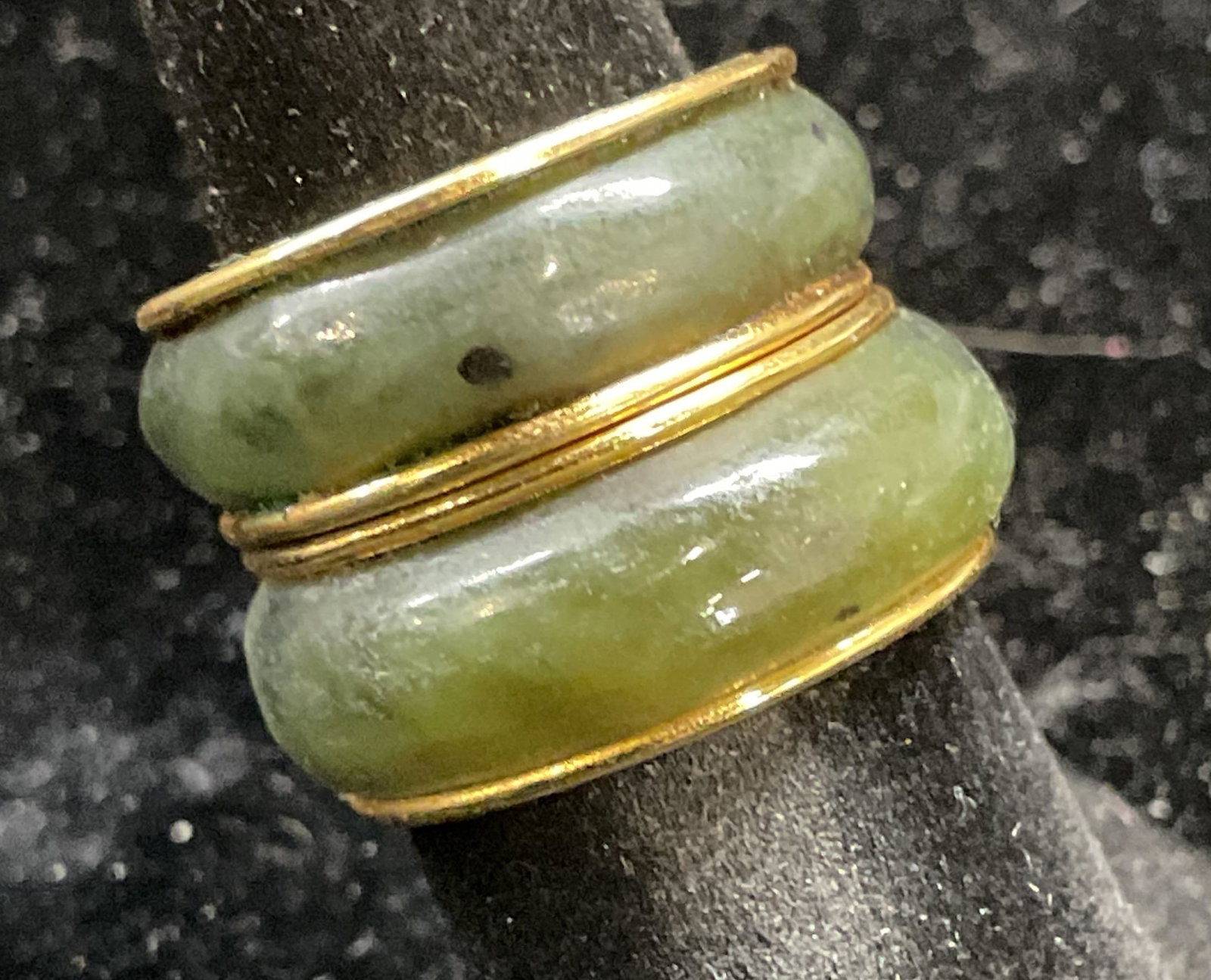 Pair Gold Tone Nephrite Jade Inlay Rings: Pair of gold tone rings with nephrite jade inlaid bands. Size 5.25. Some wear including scratching observed. Jewelry, estate jewelry, costume jewelry, fashion jewelry, cocktail jewelry, accessories, f