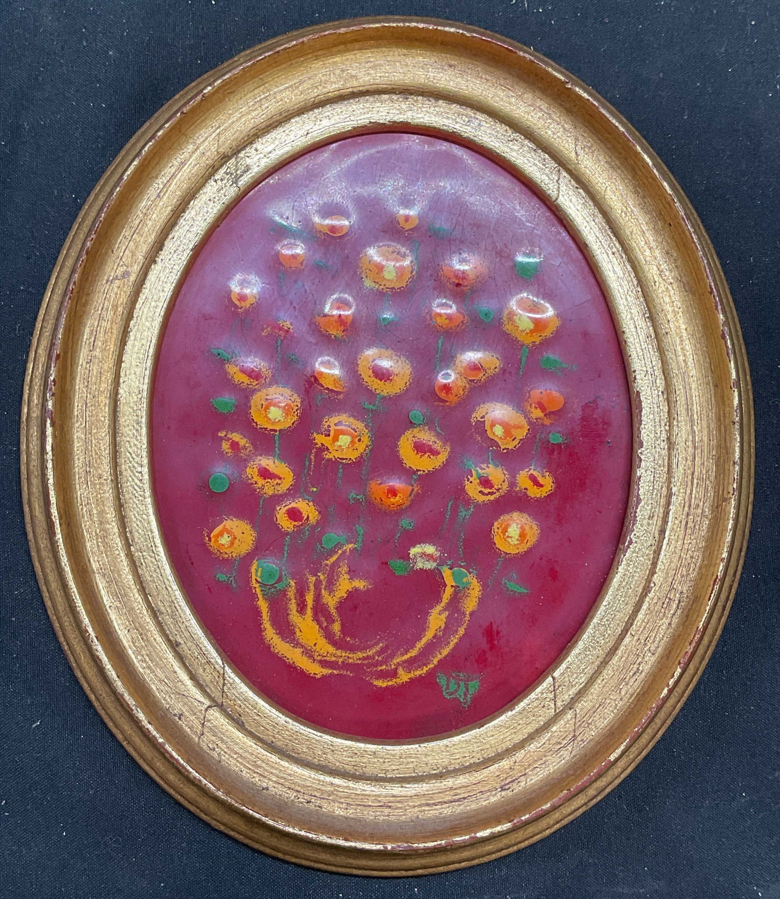 Signed DT Enameled Metal Panel, Flowers (1 of 6)