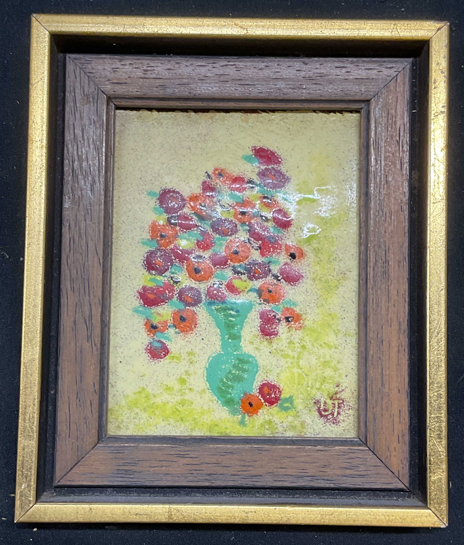 Signed DT Enameled Metal Panel, Flowers (1 of 6)