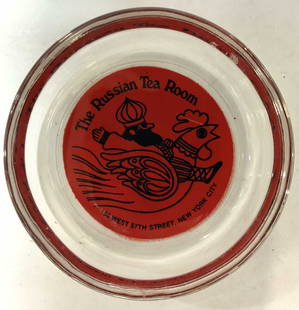 The Russian Tea Room Glass Ashtray NYC USA: The Russian Tea Room Glass Ashtray NYC Glass ashtray featuring an illustration of a figure riding a rooster. Reads THE RUSSIAN TEA ROOM. Signed & marked. Surface wear consistent to age, use & exposure