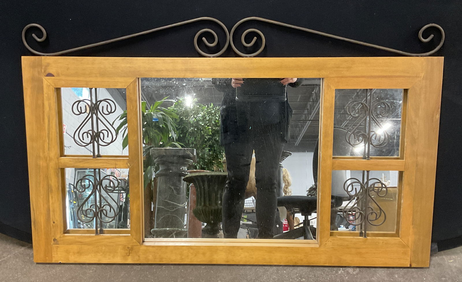 Pier 1 Rio Grande Wood Metal Bedroom Mirror: Pier 1 Imports Rio Grande bedroom mirror. Wood and metal frame. Measures 27 x 44 inches. Signed on label. Piece is heavy. Some wear including scratching. Mirror, bedroom mirror, wall mirror, wood mirr