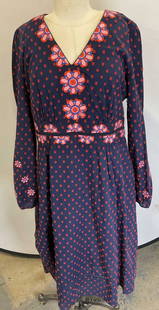 Boden Red Blue Flower Cotton Maxi Dress: Boden red and blue long sleeve maxi dress with dot and flower applique. Size 14. 100% cotton. Some blemishes. Boden dress, designer dress, designer fashion, floral dress, red dress, blue dress, maxi d