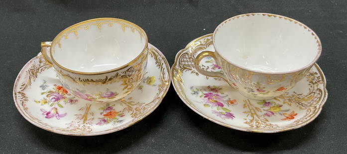 Lot 4 Fine China Cup & Saucer Dresden Germany+: Lot 4 fine china cup and saucer gold filigree. Gold trim along top and bottom rims of cup and saucer. Gold filigree design with flowers on exterior of cup and front of saucer. Signed on underside. One