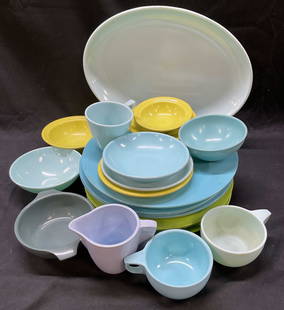 Lot 23 Melamine Plastics Dishware, Watertown +: Lot 23 melamine plastics dishware. Precidio, Watertown Lifetime, Russel Wright, Restaurantware, Mar-crest Melmac, Sun Valley Melmac. Lot includes 9 dinner plates, 1 serving plate, 1 creamer, 3 cups, 3