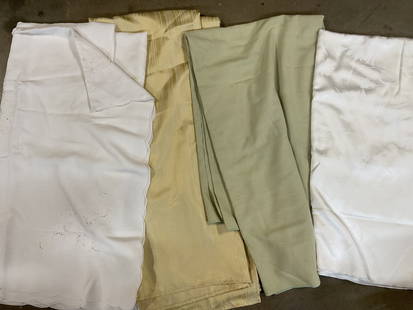 Lot 4 White Green Gold Cotton Linen Table Cloths: Lot 4 white green gold cotton linen table cloths. Floral motif patterns, striped gold pattern, solid light green design. Largest table cloth measures approximately 70 inches. Some discoloration and st