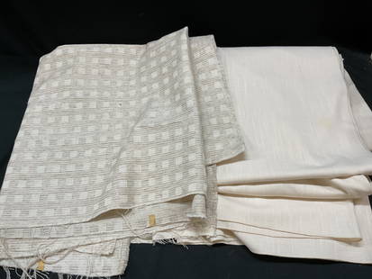 Lot 2 Beige Linen Cotton Table Cloths: Lot 2 beige linen cotton table cloths. Woven table cloth design. Material appears to be cotton or cotton synthetic mix. Approximately 60 inches. Some surface wear consistent with exposure, slight loos