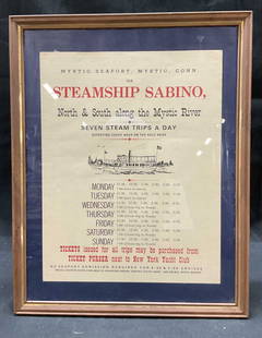 Vtg Steamship Sabino Trips Advertisement: Vintage steamship sabino trips advertisement. Framed advertisement for the steamship sabino offering ships along the Mystic River in Mystic Connecticut. Includes schedule for Monday through Sunday wit