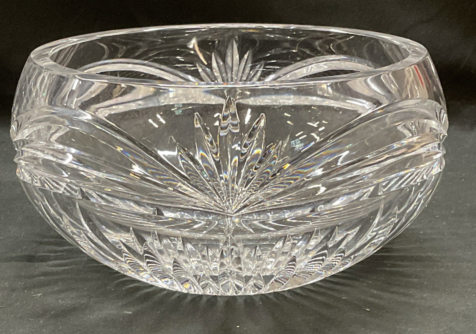 Marquis by Waterford Heavy Cut Crystal Bowl: Marquis by Waterford cut crystal bowl. Radiant line and curved line pattern. Signed. Thick walled crystal, piece has weight. Measures approx 7.5 x 4 inches. Some scratching. Marquis by Waterford, Wate