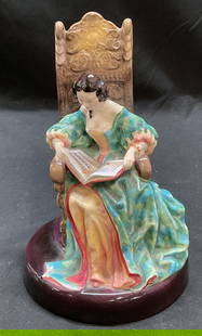 Royal DOULTON Leisure Hour China Figurine 1949: 1949 Royal DOULTON The Leisure Hour fine china figurine. Seated woman reading book. Hand painted, signed. Made in England. Measures approx 5 x 4.5 x 7 inches. Some scratching. Royal DOULTON, the leisu