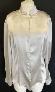 Armani Grey Silver Silk Button Up Top Italy: Armani Collezioni grey/silver silk long sleeve button up shirt. Made in Italy, size 12. Some blemishes. Armani top, Armani