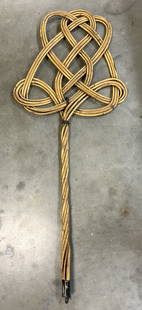 Antique Woven Rattan Carpet Beater: Antique Woven Rattan Carpet Beater Antique possible vintage. Carpet beater featuring a twisted, multi-strand handle that leads to a wide intricately woven head. Surface wear consistent to age, use & e