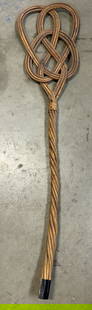 Antique Woven Rattan Carpet Beater: Antique Woven Rattan Carpet Beater Antique possible vintage. Carpet beater featuring a twisted, multi-strand handle that leads to a wide intricately woven head. Surface wear consistent to age, use & e