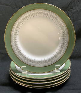 Lot 6+ ROYAL WORCESTER Regency Plates ENGLAND: Lot 6+ ROYAL WORCESTER Regency Plates ENGLAND Plates feature a safe green & gray band with a white center & scalloped gold trim. Signed & marked on underside. Reads ROYAL WORCESTER REGENCY ENGLAND. Su